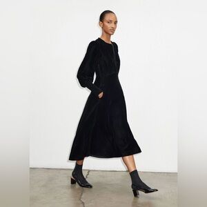 ME+EM Black Velvet Statement Sleeve Midi Dress Pockets Size 12